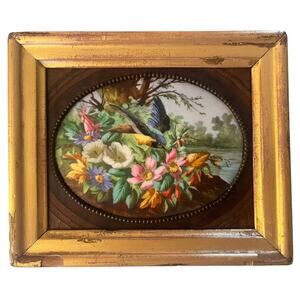 Vintage Painting On Ceramic/Porcelain Birds And Flowers Wooden Frame